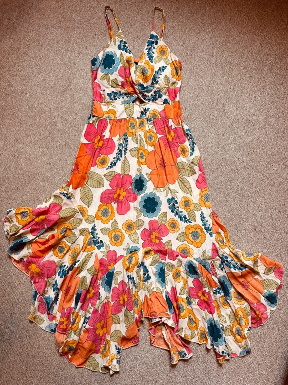 Angie Floral Midi Dress in Cream, Orange, Pink, Blue - Size 4